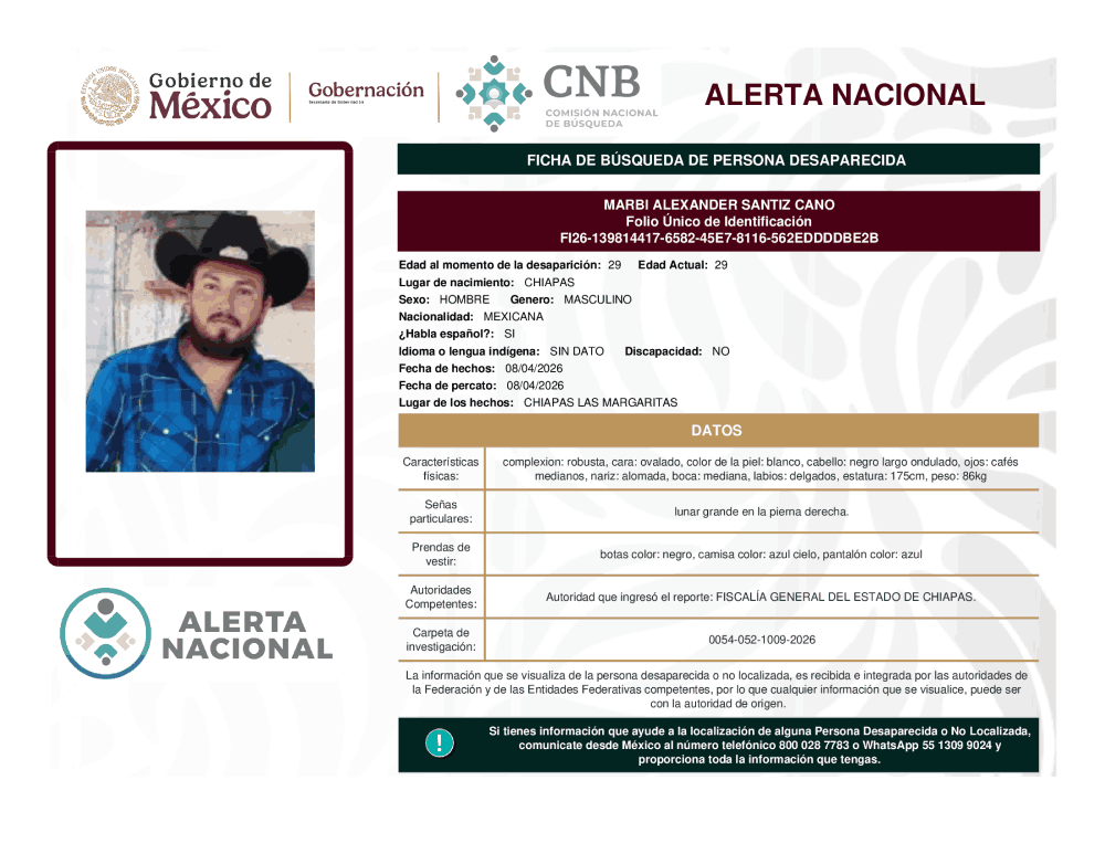 Persona desaparecida Marbi Alexander Santiz Cano