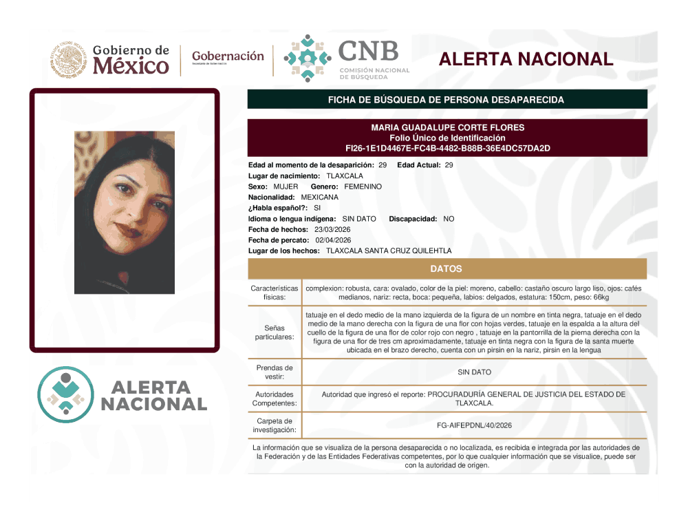Persona desaparecida María Guadalupe Corte Flores