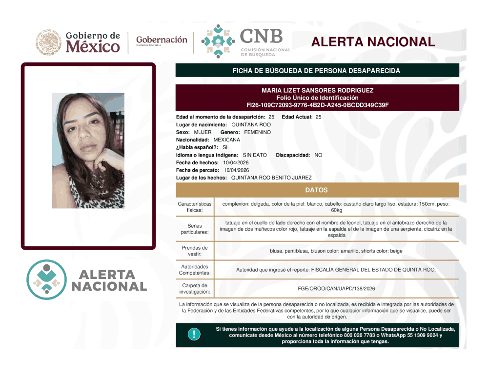 Persona desaparecida María Lizet Sansores Rodríguez