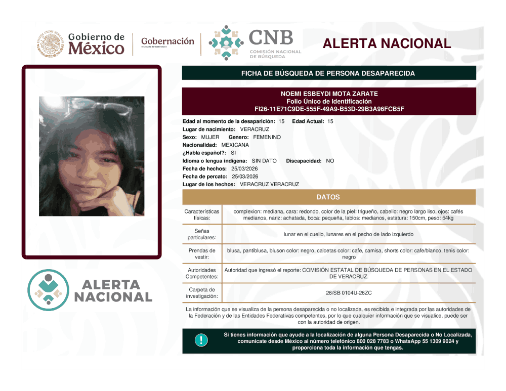 Persona desaparecida Noemi Esbeydi Mota Zarate