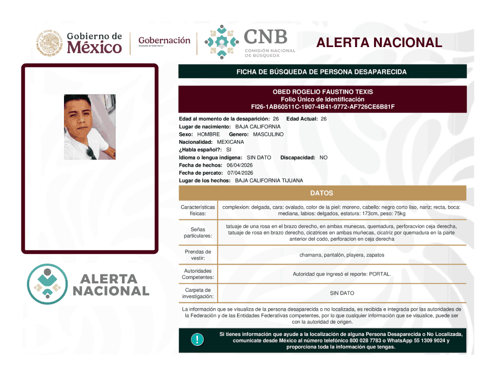 Persona desaparecida Obed Rogelio Faustino Texis