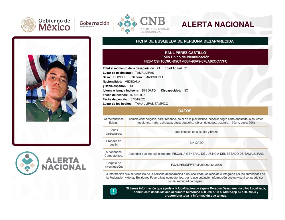 Persona desaparecida Raúl Pérez Castillo