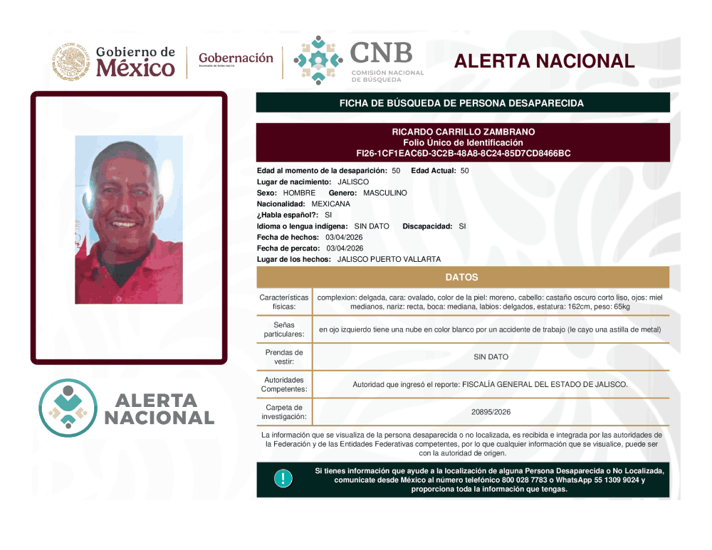 Persona desaparecida Ricardo Carrillo Zambrano