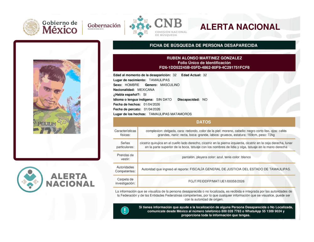 Persona desaparecida 
Rubén Alonso Martínez González