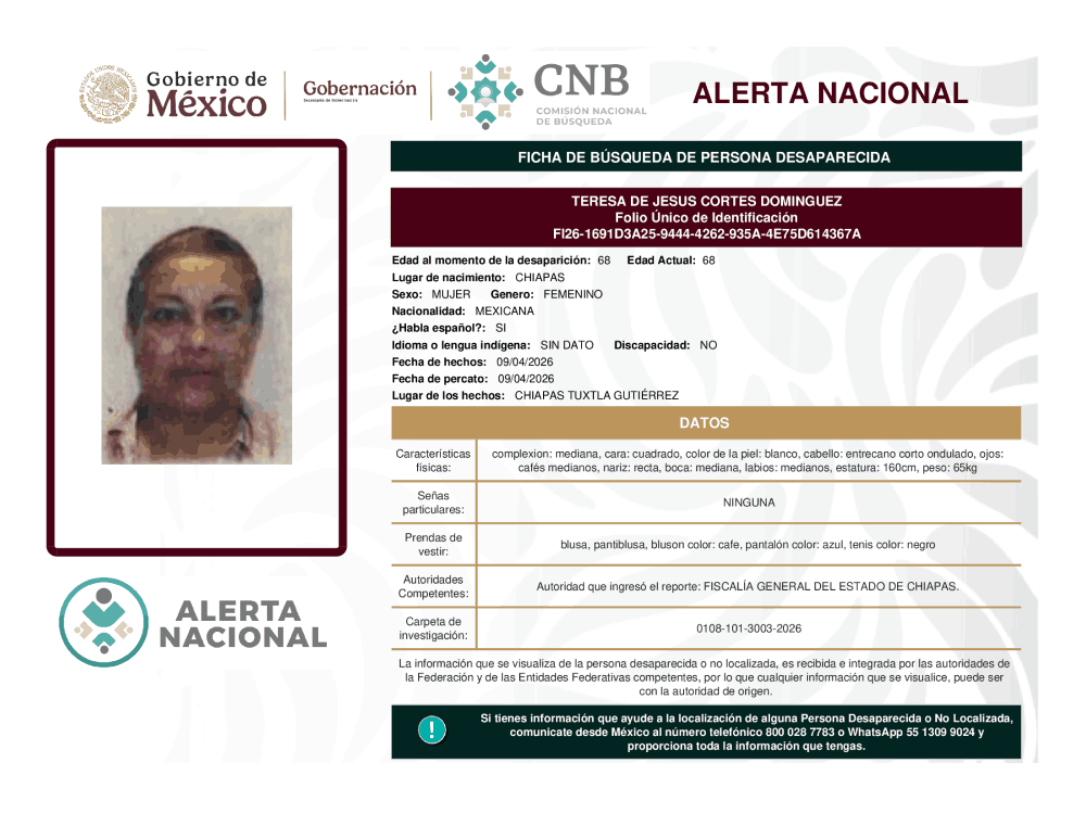 Persona desaparecida Teresa De Jesus Cortes Dominguez