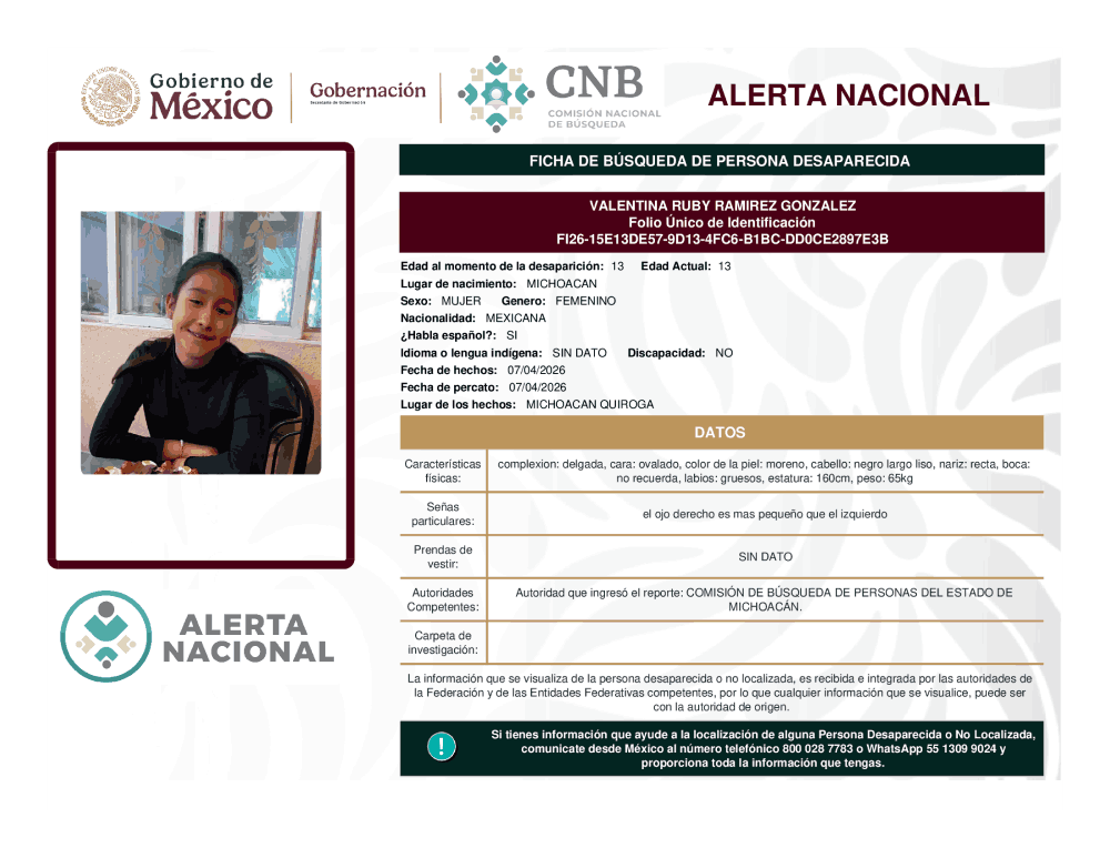 Persona desaparecida Valentina Ruby Ramírez Gonzalez