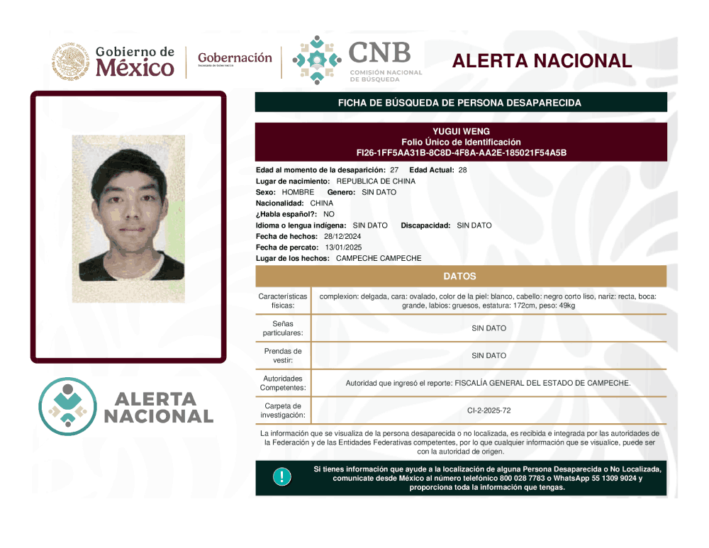 Persona desaparecida Yugui Weng