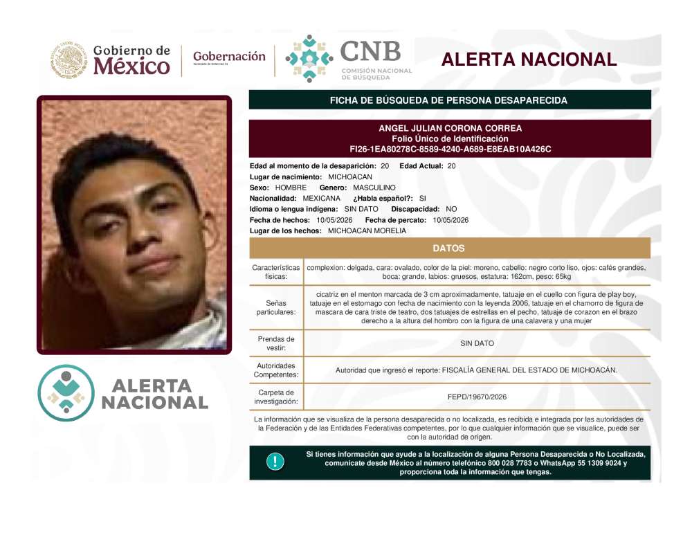 Persona desaparecida Angel Julian Corona Correa