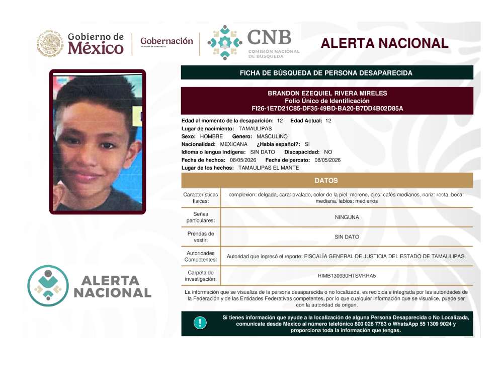 Persona desaparecida Brandon Ezequiel Rivera Mireles