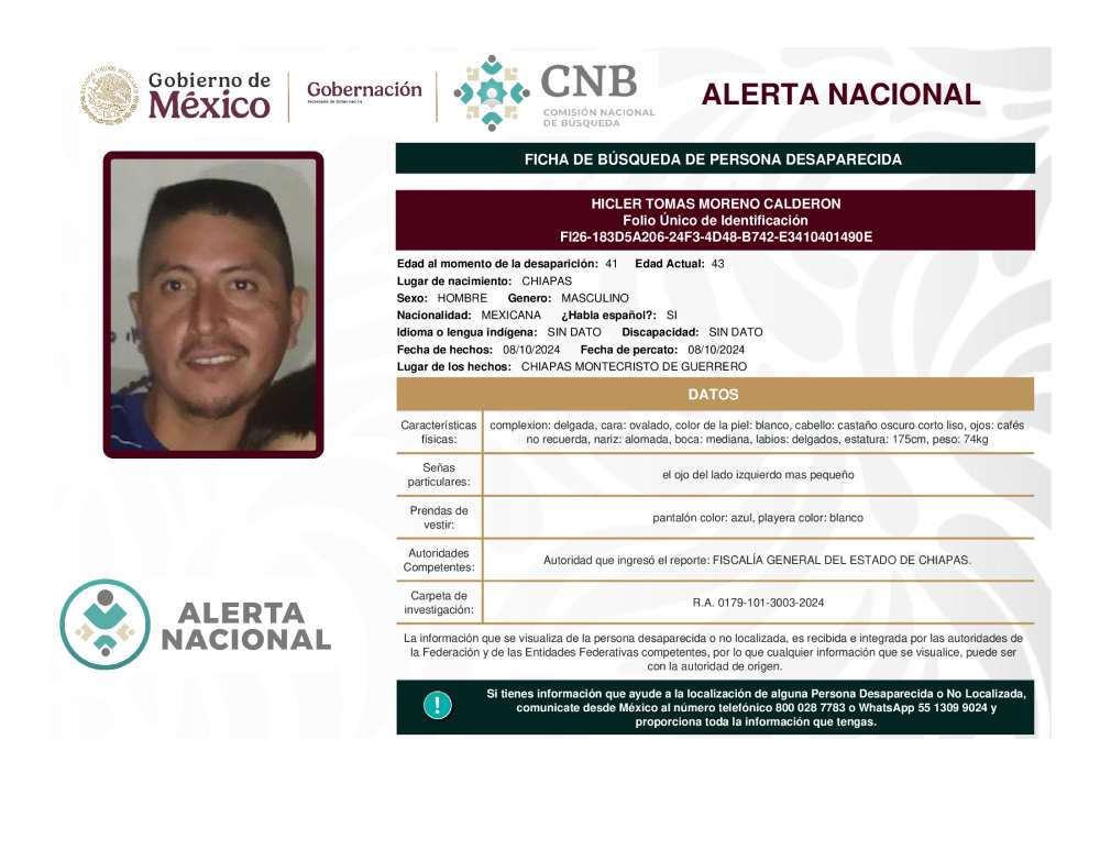 Persona desaparecida Hicler Tomas Moreno Calderon