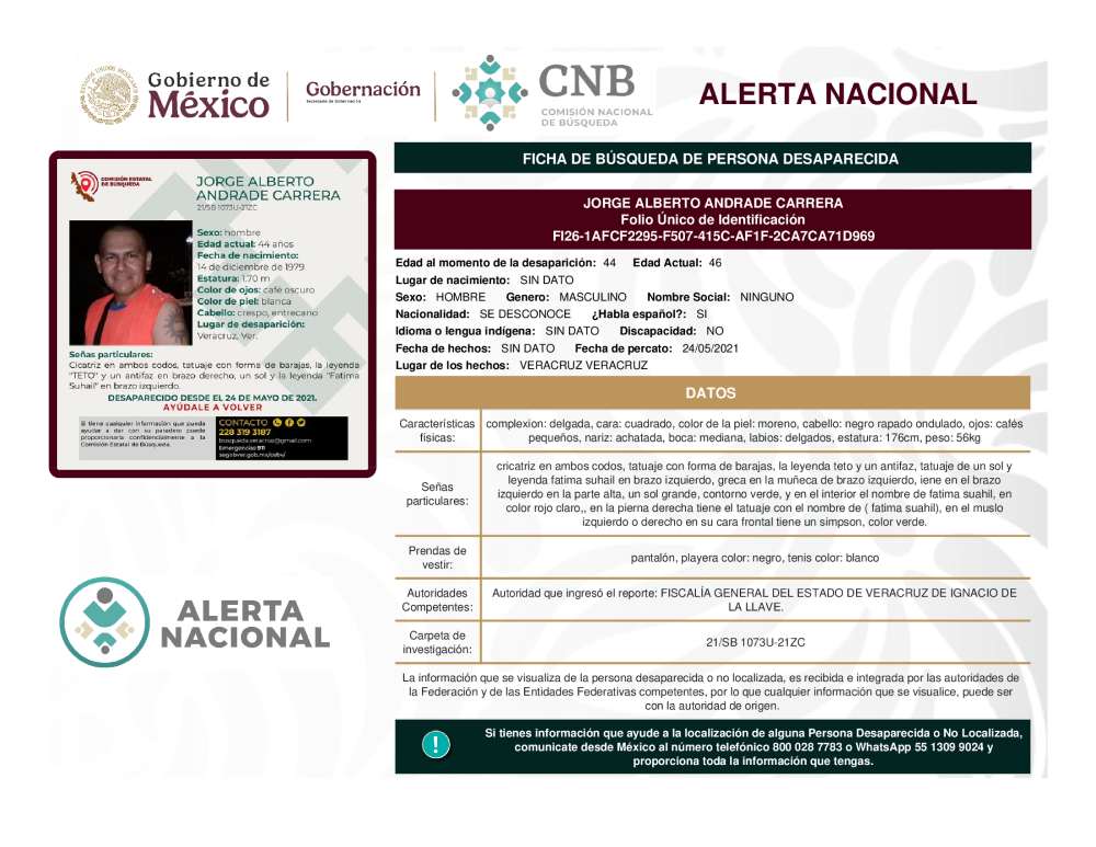 Persona desaparecida Jorge Alberto Andrade Carrera