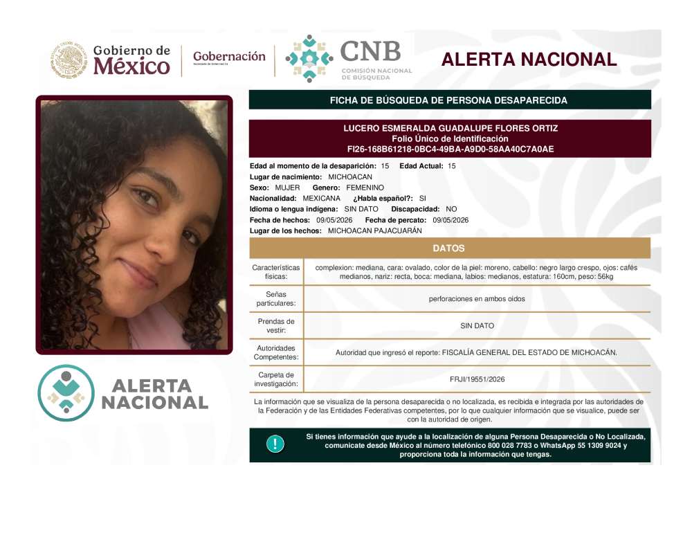 Persona desaparecida Lucero Esmeralda Guadalupe Flores Ortiz