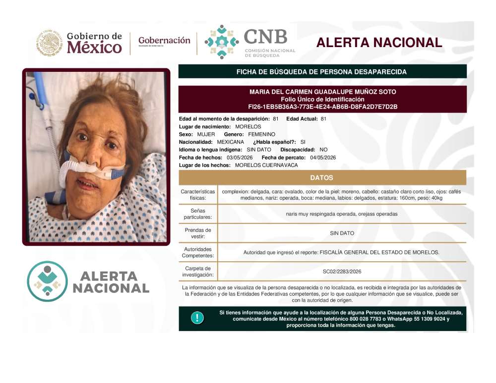 Persona desaparecida Maria Del Carmen Guadalupe Muñoz Soto