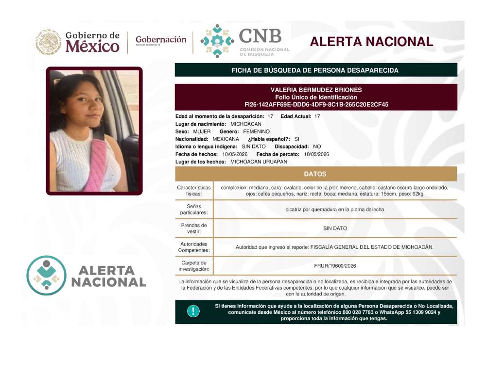 Persona desaparecida Valeria Bermudez Briones
