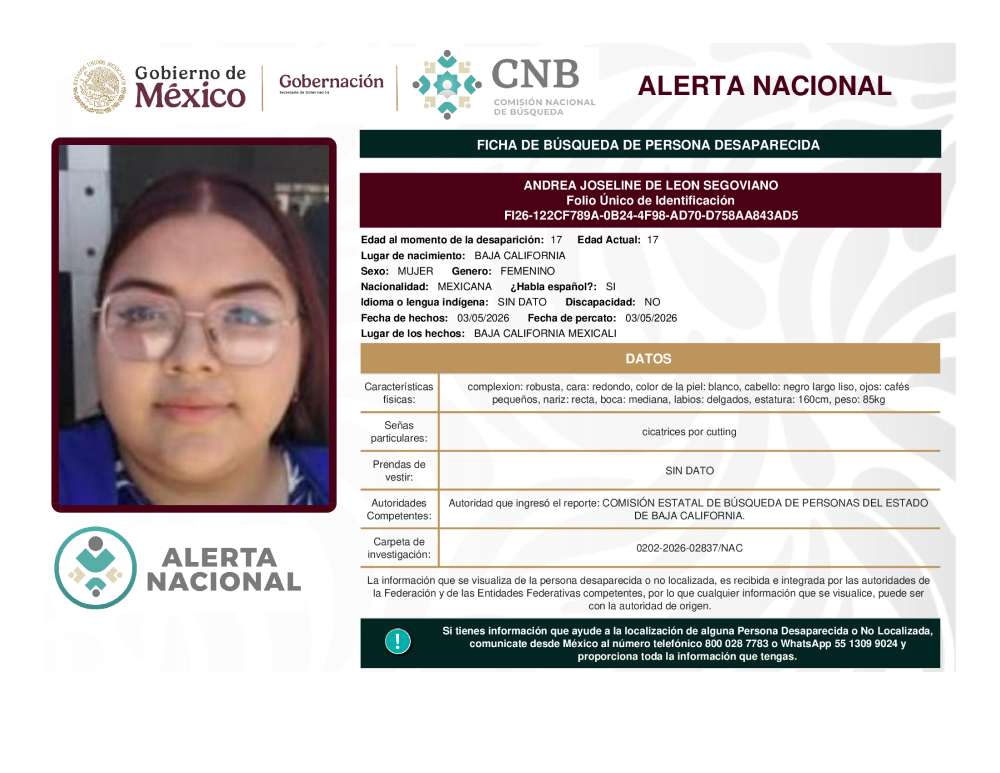 Persona desaparecida Andrea Joseline De Leon Segoviano