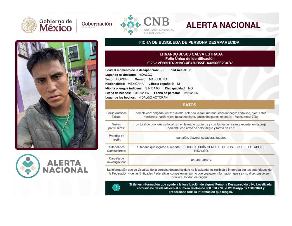 Persona desaparecida Fernando Jesus Calva Estrada