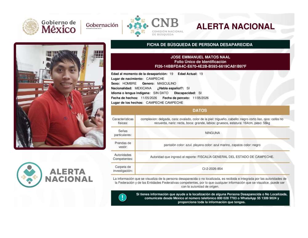 Persona desaparecida Jose Emmanuel Matos Naal