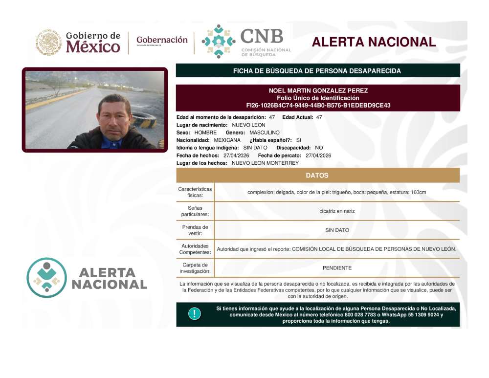 Persona desaparecida Noel Martin Gonzalez Perez