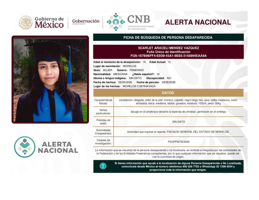 Persona desaparecida Scarlet Araceli Mendez Vazquez