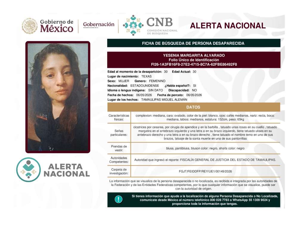 Persona desaparecida Yesenia Margarita Alvarado