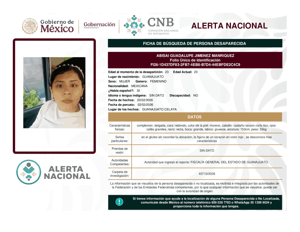Persona desaparecida Abisai Guadalupe Jiménez Manriquez