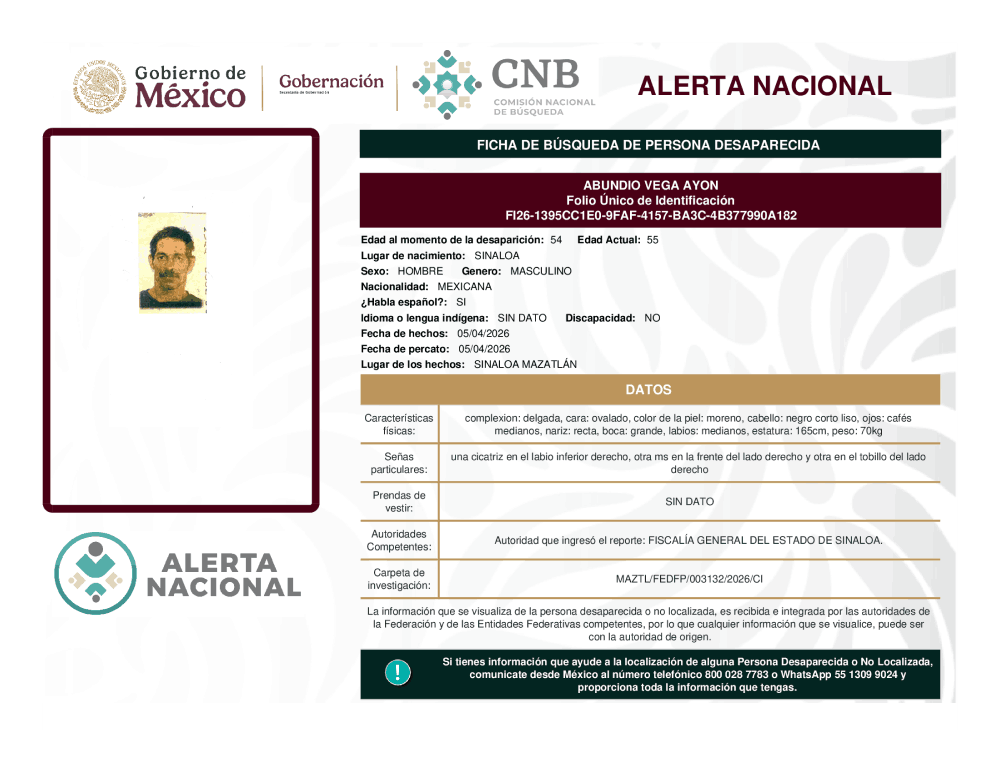 Persona desaparecida Abundio Vega Ayón