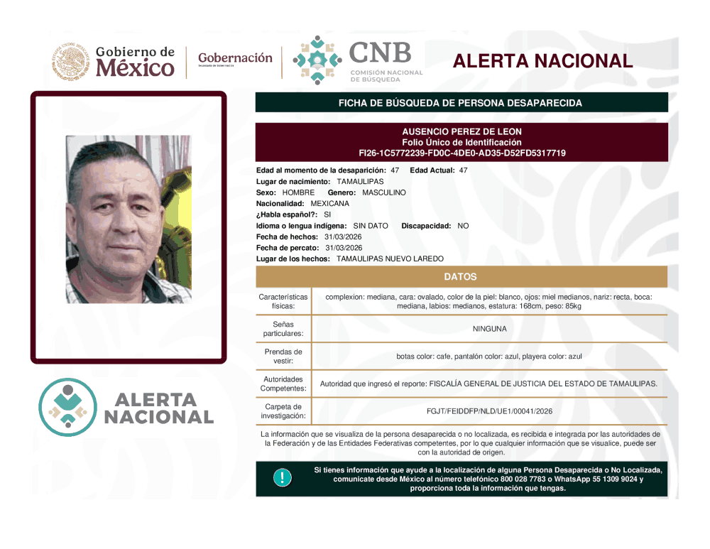 Persona desaparecida Ausencio Pérez de León