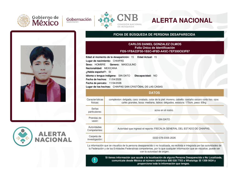 Persona desaparecida Carlos Daniel González Olmos