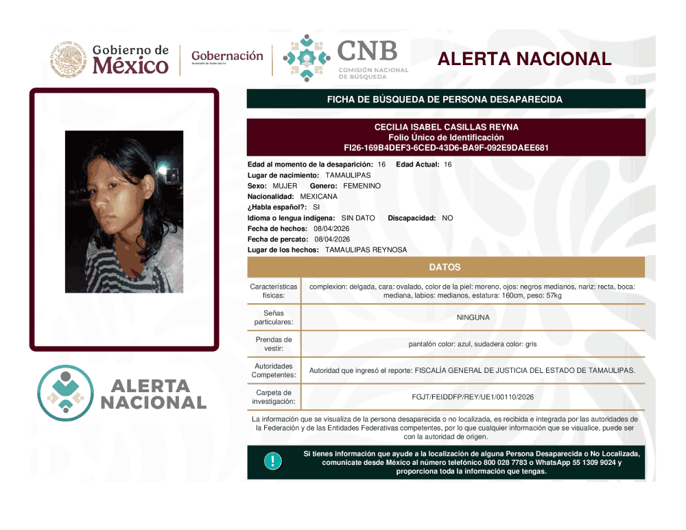 Persona desaparecida Cecilia Isabel Casillas Reyna