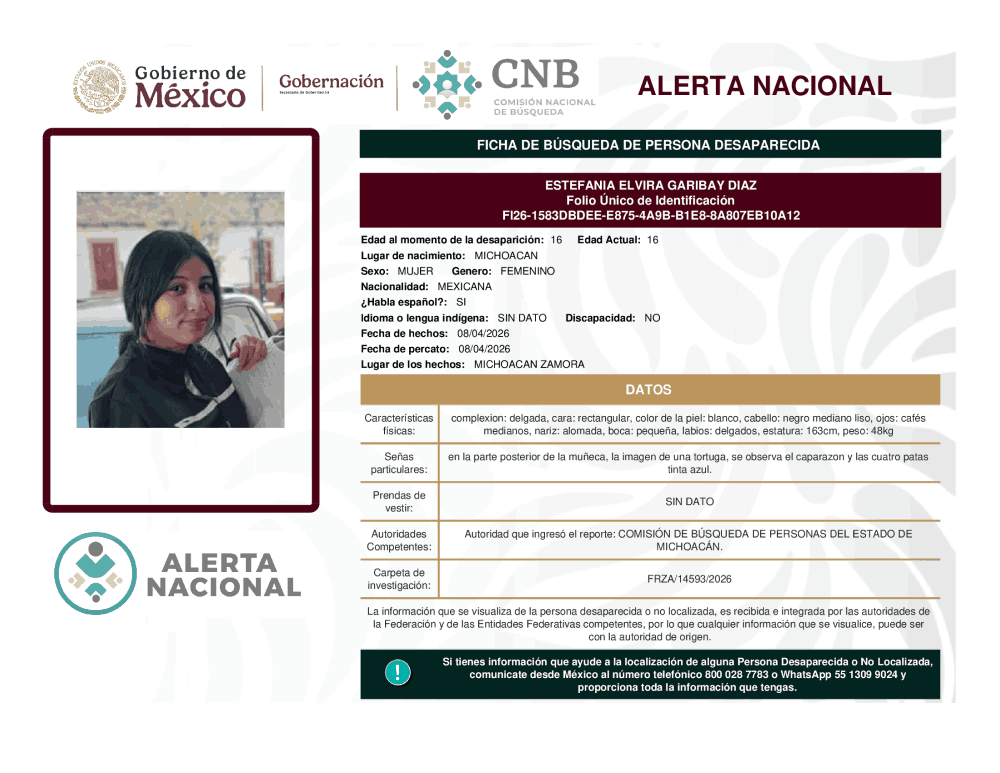 Persona desaparecida Estefania Elvira Garibay Díaz