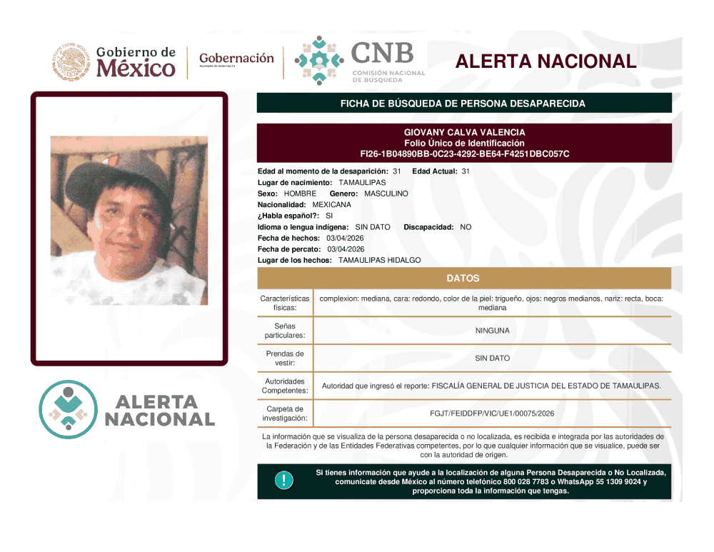 Persona desaparecida Giovany Calva Valencia