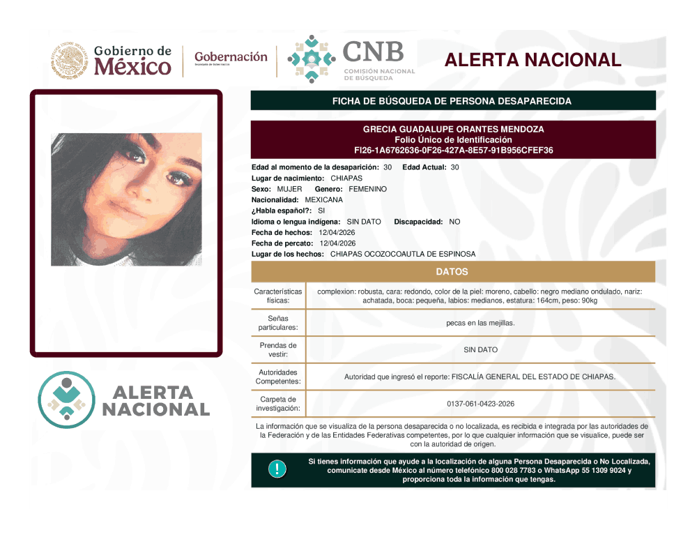 Persona desaparecida Grecia Guadalupe Orantes Méndoza