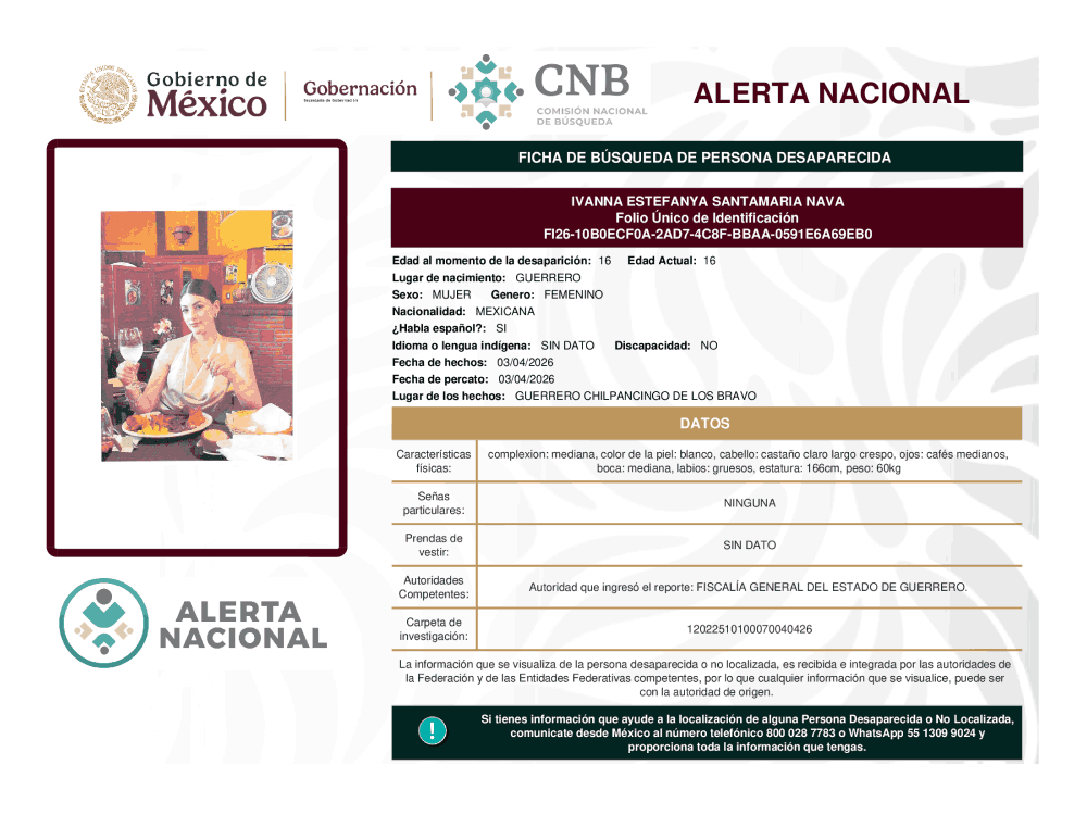 Persona desaparecida Ivanna Estefanya Santamaria Nava