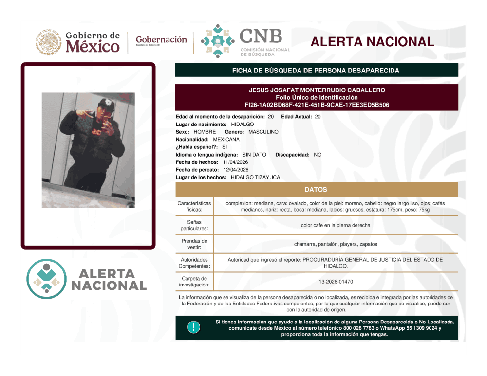 Persona desaparecida Jesús Josafat Monterrubio Caballero