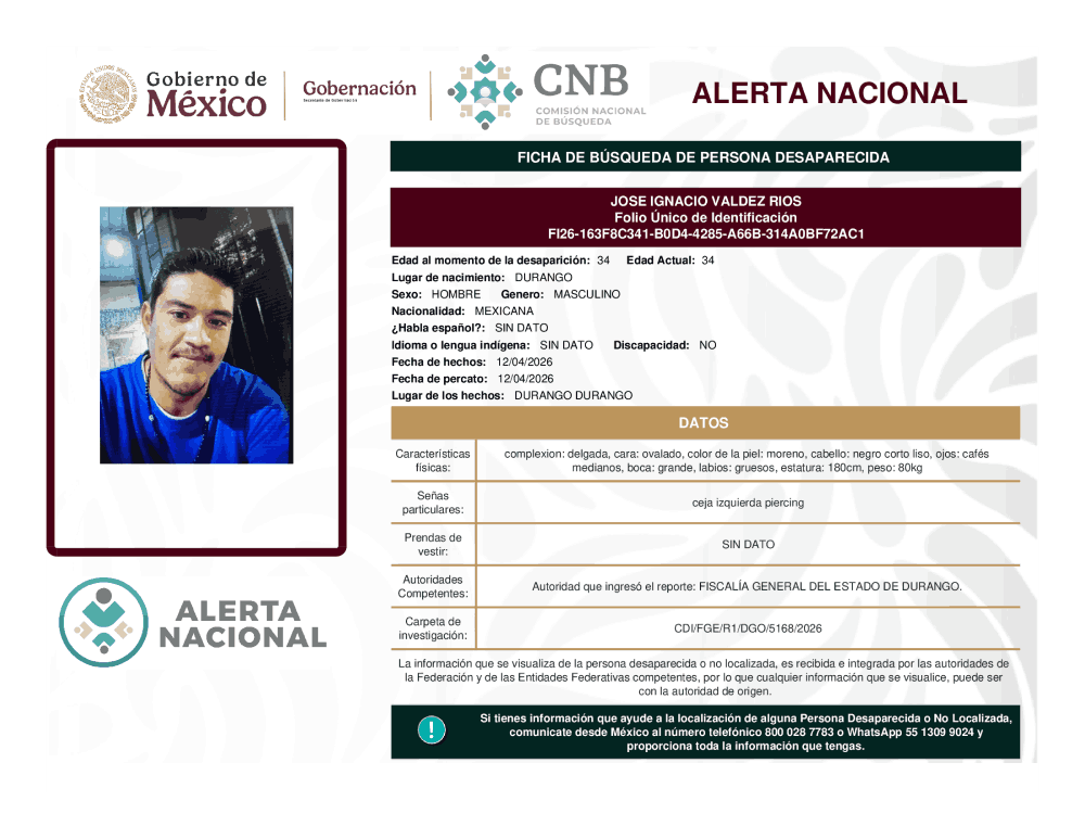 Persona desaparecida José Ignacio Váldez Ríos