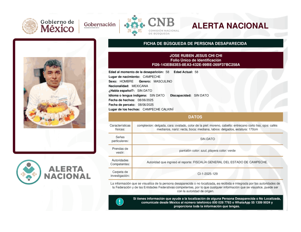 Persona desaparecida José Rubén Jesús Chi Chi