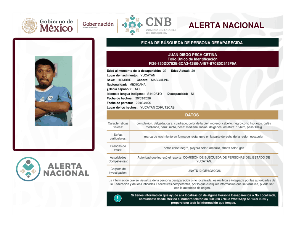 Persona desaparecida Juan Diego Pech Cetina