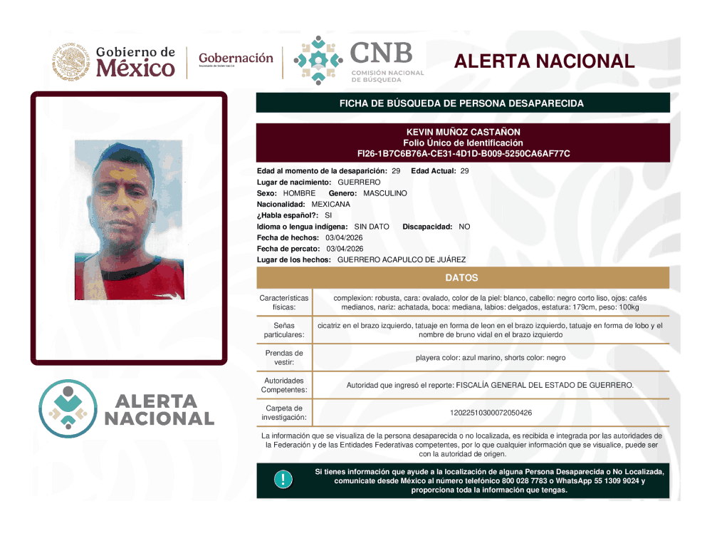 Persona desaparecida Kevin Muñoz Castañon