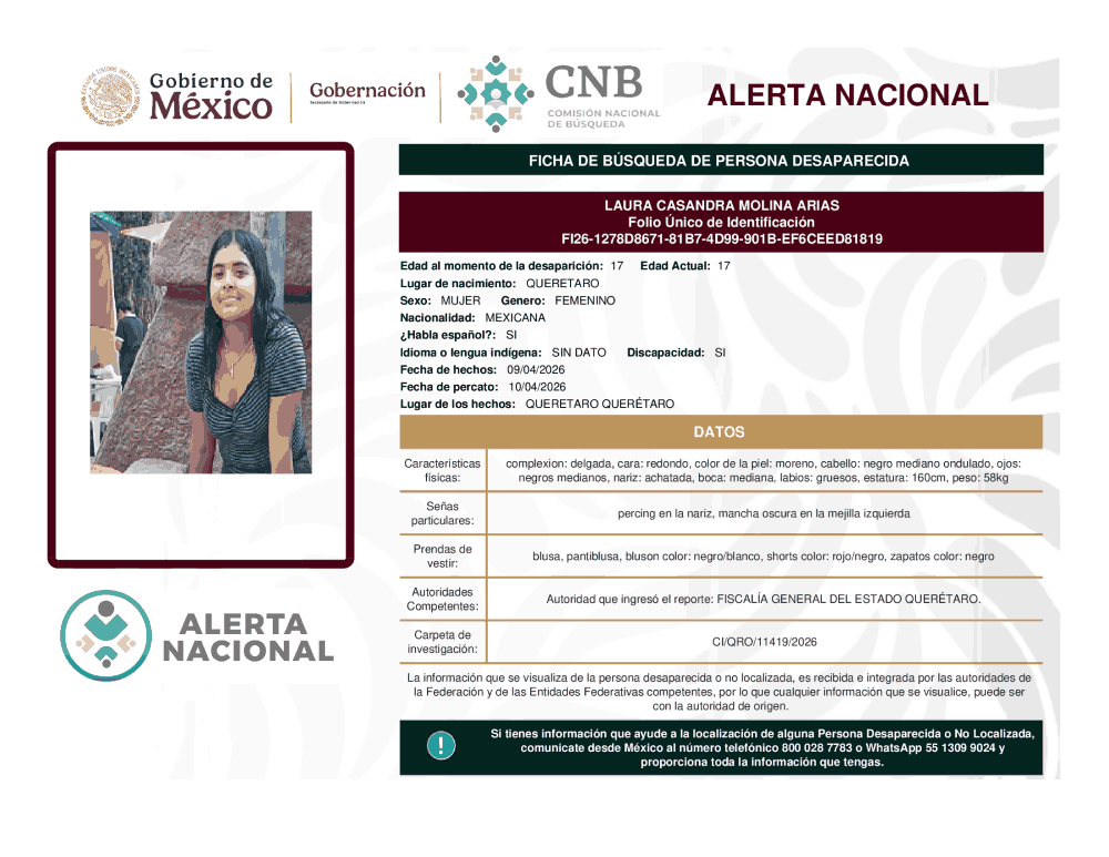 Persona desaparecida Laura Casandra Molina Arias