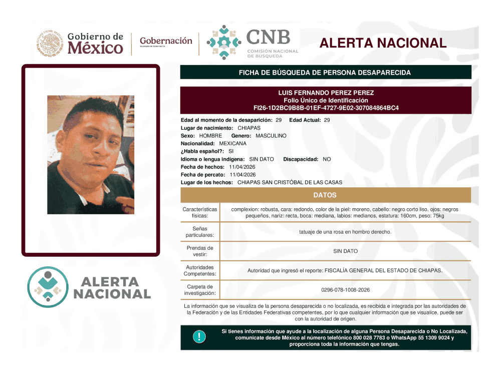Persona desaparecida Luis Fernando Pérez Pérez
