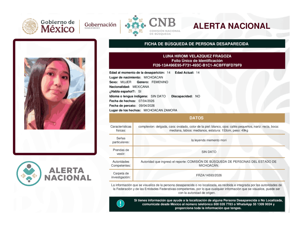 Persona desaparecida Luna Hiromi Velázquez Fragoza