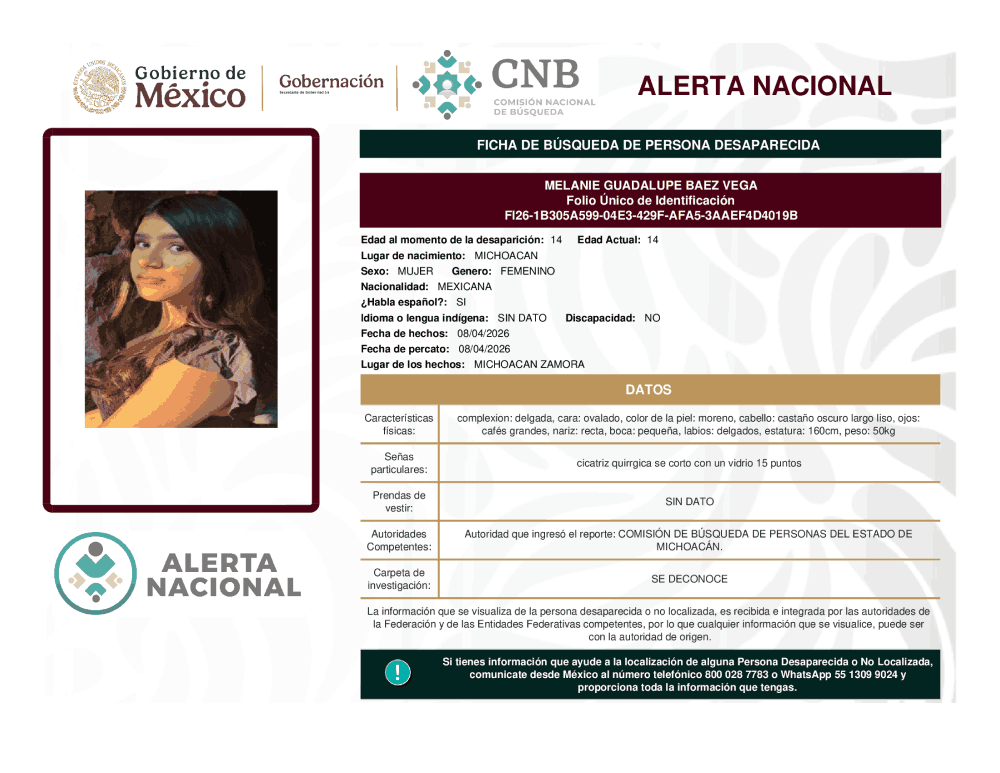 Persona desaparecida Melanie Guadalupe Baez Vega