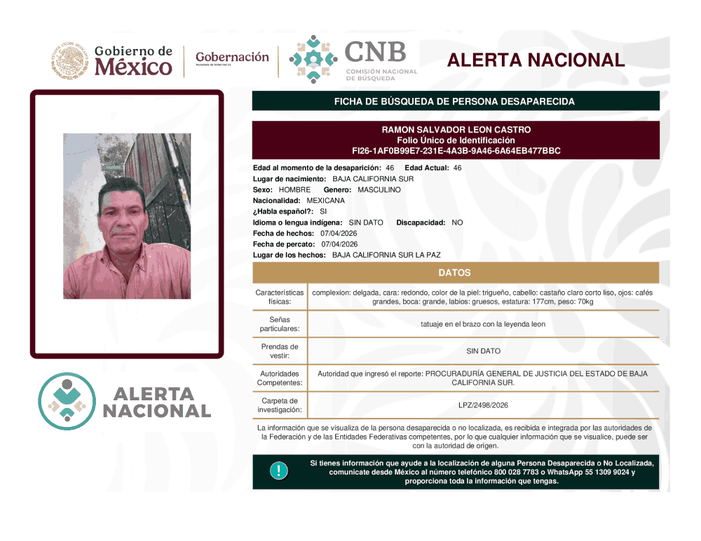 Persona desaparecida Ramón Salvador Leon Castro