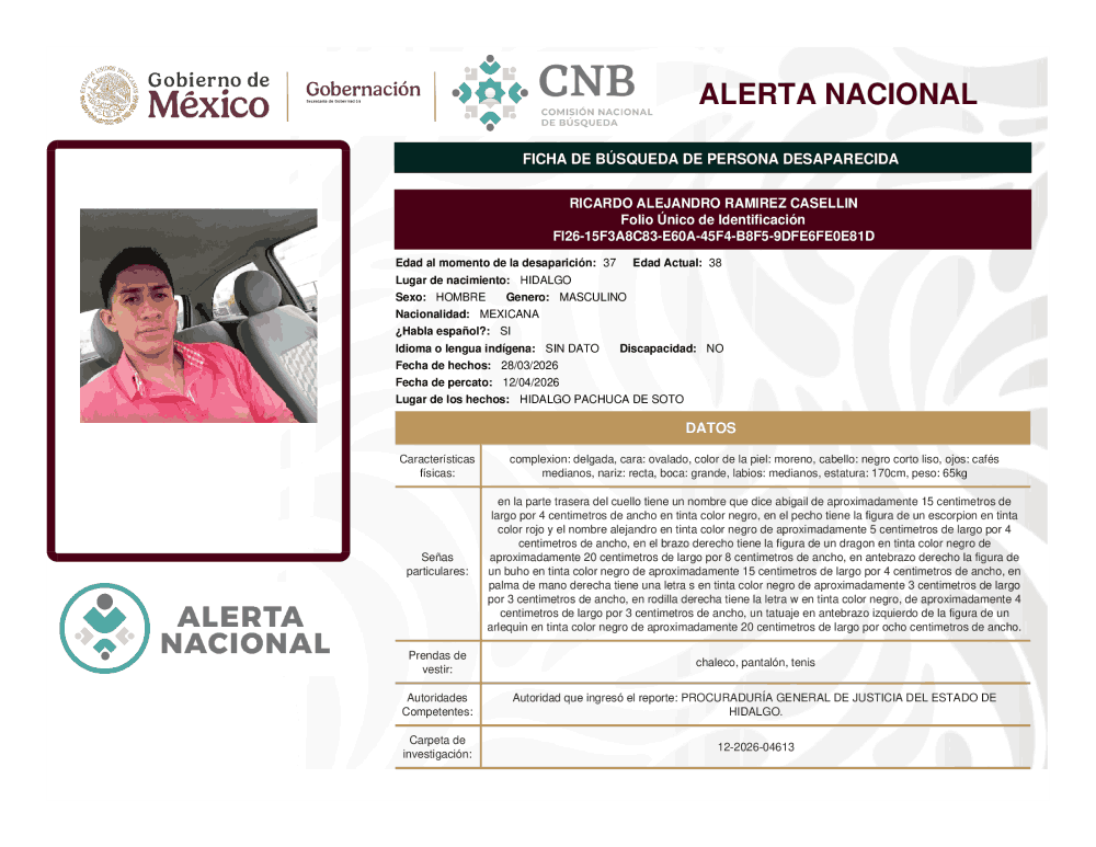 Persona desaparecida Ricardo Alejandro Ramírez Casellin