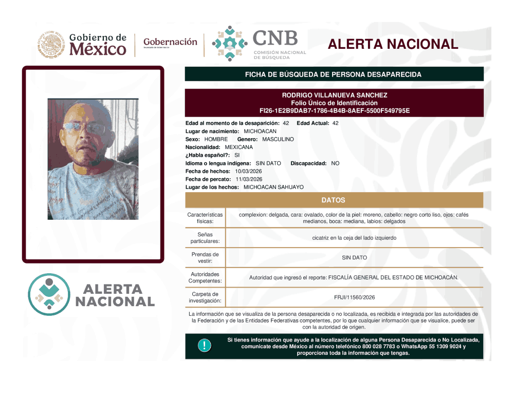 Persona desaparecida Rodrigo Villanueva Sánchez