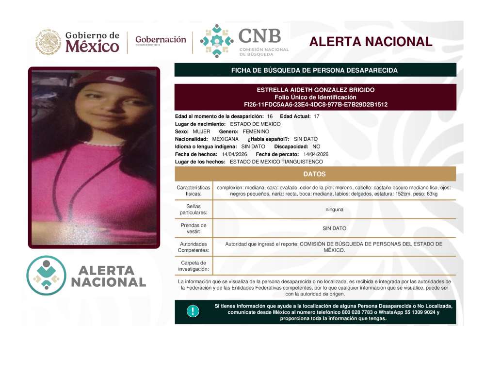 Persona desaparecida Estrella Aideth Gonzalez Brigido