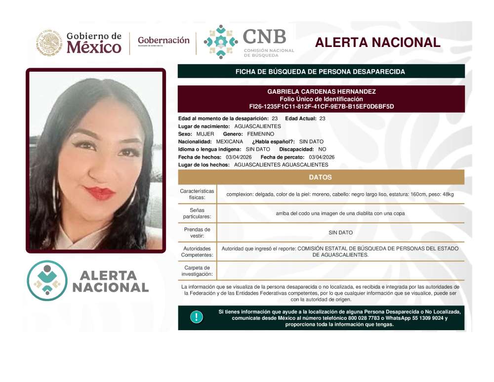 Persona desaparecida Gabriela Cardenas Hernandez
