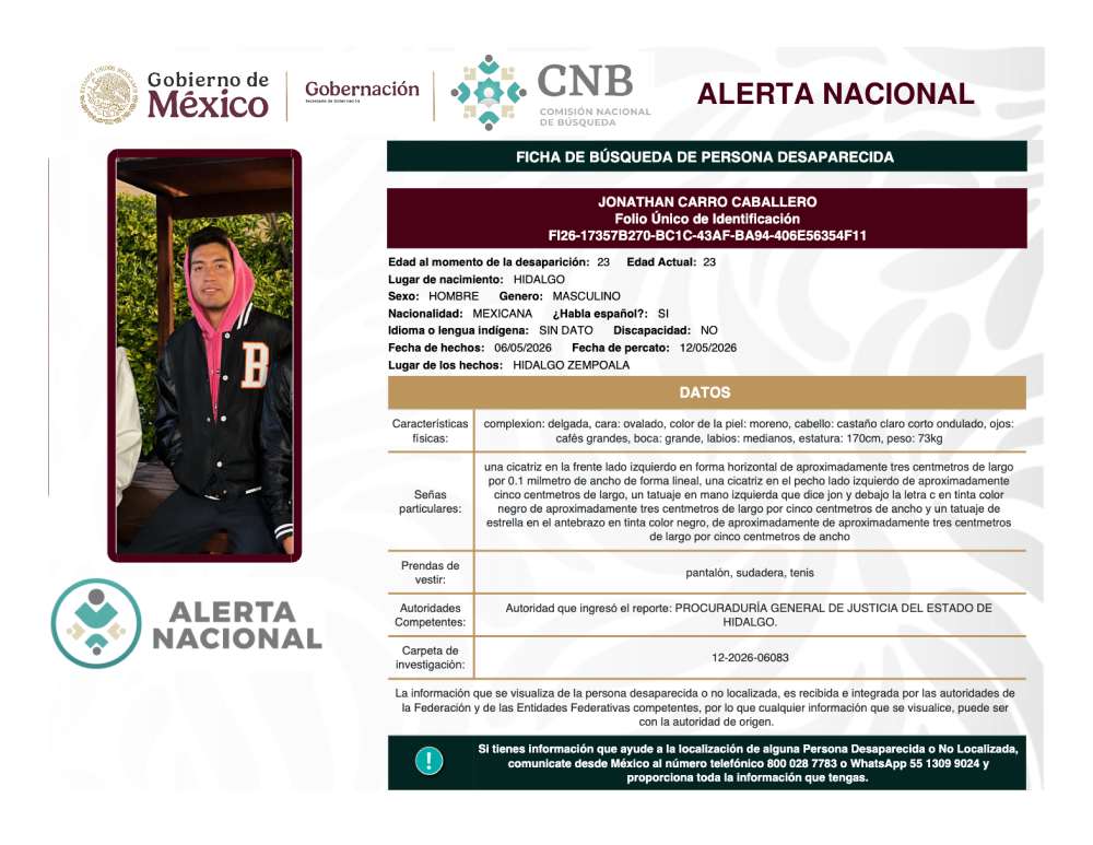 Persona desaparecida Jonathan Carro Caballero