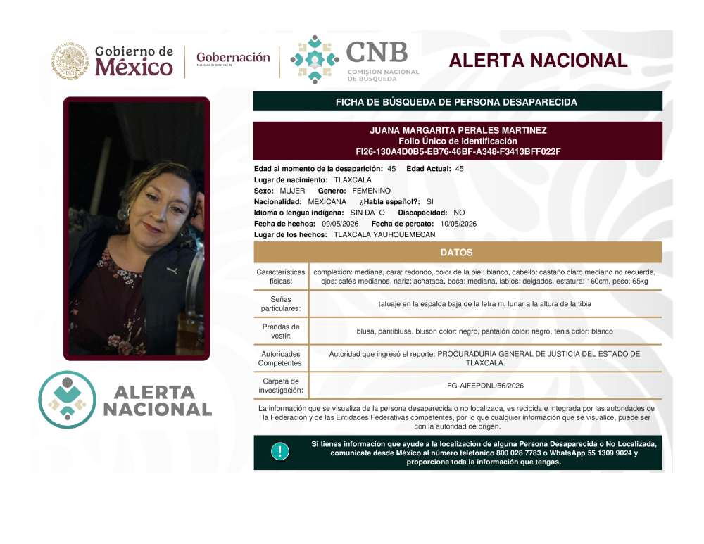 Persona desaparecida Juana Margarita Perales Martinez