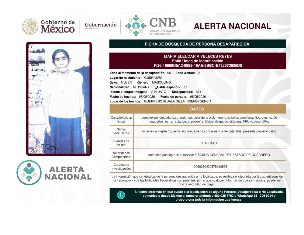Persona desaparecida Maria Eleucaria Veleces Reyes